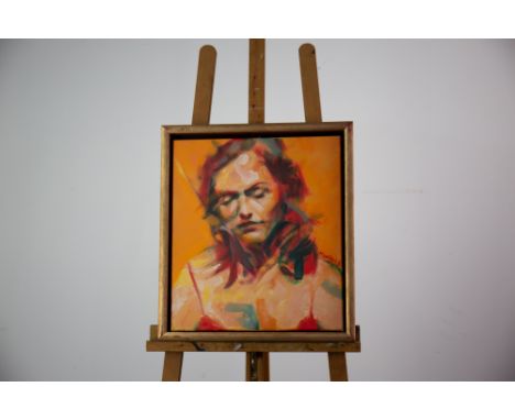 *CLIFFORD HANLEY (SCOTTISH 1948 - 2021), BONGO LADY II, oil on canvas, signed and dated ‘8, titled verso image size 44cm x 39