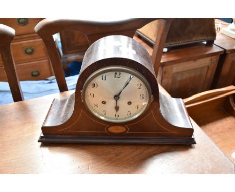 An Edwardian inlaid mahogany napoleon style mantle clock, having Arabic dial.