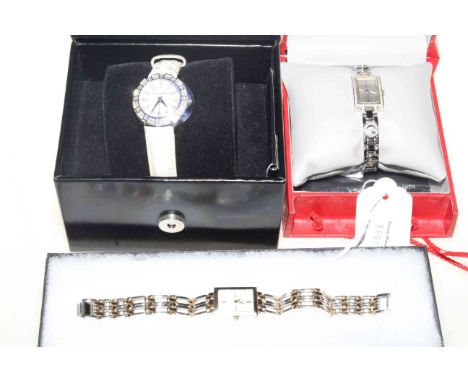 Three ladies bracelet watches by Rotary, Karen Millen and Guess.