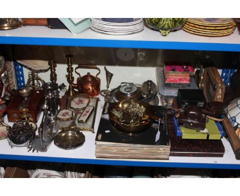 Shelf of LP records, cameras, cutlery, tennis racket, vanity set, metalwares, lamp.