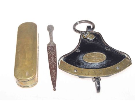 Brass tobacco box, scale and small dagger (3).