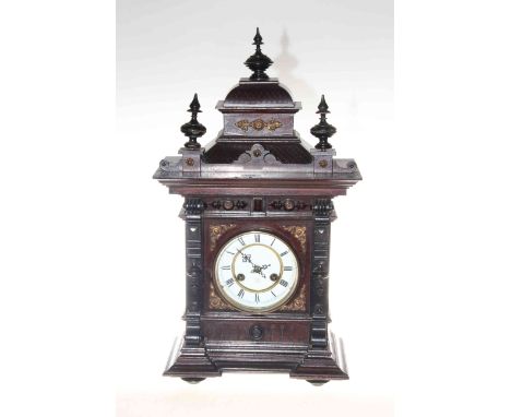 Mahogany cased mantel clock with enamel dial, 60cm.