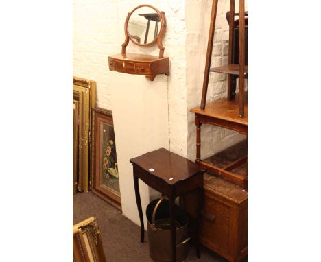 Inlaid mahogany three drawer toilet mirror, mahogany sewing table, copper coal scuttle and brass planter.