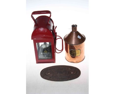 LMS lamp, Birmingham railway sign and GWR copper vessel (3).