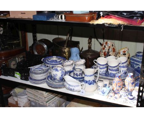 Collection of Willow blue and white, Delft, Masons, Meakin, mantel clock, metal wares, meat plates.