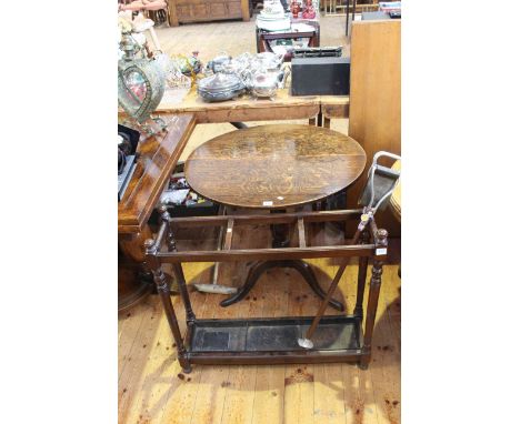 Oak circular snap top table and oak three section stick stand and shooting stick.