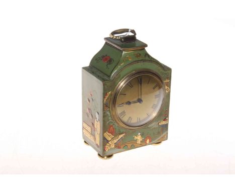 Green chinoiserie mantel clock, 18cm.