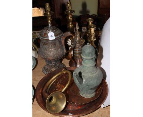 Collection of metalwares including bugle, teapot.