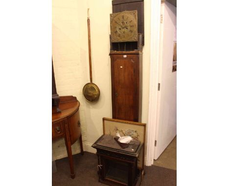 Oak cased longcase clock with brass dial, needlework firescreen and brass and copper warming pan.