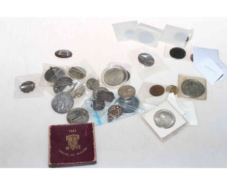 Assorted lot of silver coins, badges and medals including Queen Victoria, George III, enamel crown badges and pendant, 1928 G