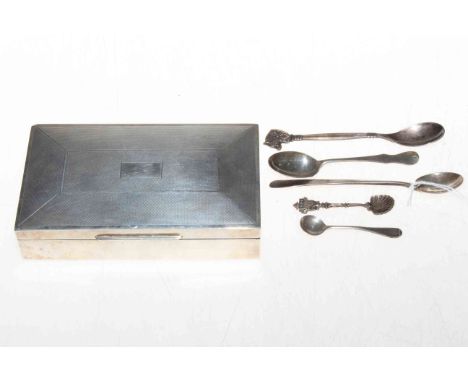 Silver engine-turned cigarette box and five spoons.