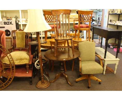 Snap top circular table, child's farmhouse chair, standard lamp and shade, desk chair and mahogany reading stand (5).