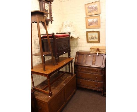Oak bureau, blanket box, plant stand, mahogany piano stool, standard lamp and shade and wall clock.