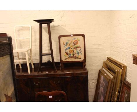 Needlework firescreen, plant stand, bedroom chair, pair of painted wall mirrors, two large gilt frames and two prints.