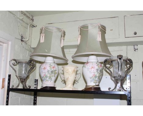 Pair of floral table lamps, pair of glass lanterns in stands with a pot planter.