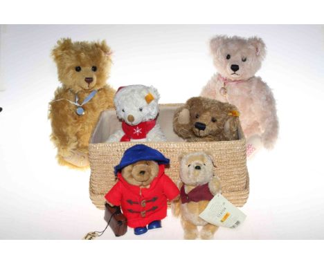 Six Steiff teddy bears and another, includes 1900-2002 and 1952-2002 editions.