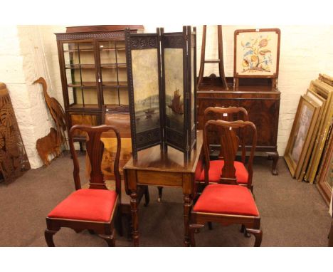 Mahogany ball and claw sideboard, Victorian mahogany Pembroke table, three dining chairs, Edwardian chair, firescreen and Edw