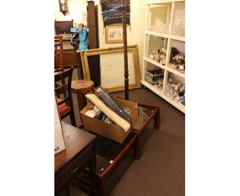 Pair of mahogany glass topped coffee tables, standard lamp and shade, box of glass and china and two billiard cues.