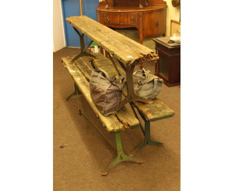 Three vintage metal framed benches, miners lamp, tools, etc.