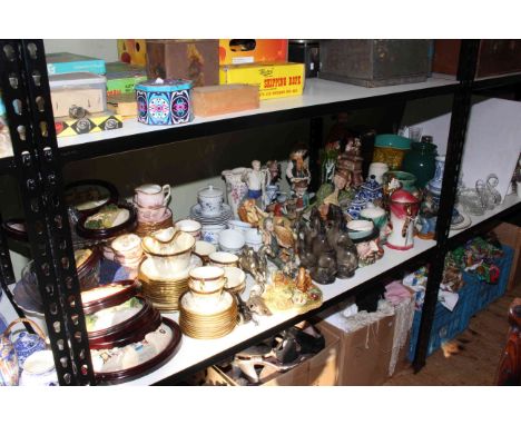 Shelf of ceramics, plaques, crystal, figurines, planter, etc.