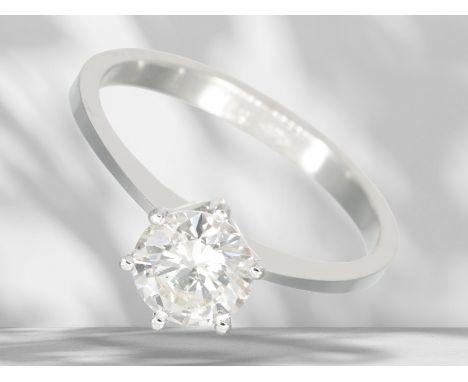 Ring: Weißgoldener vintage Solitär-Brillant-Goldschmiedering, sehr schöner Brillant von ca. 1,3ct: Ca. Ø18,5mm, RG58, ca. 3,3
