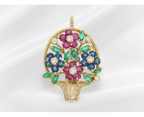 Anhänger/Brosche: ausgefallene vintage Farbstein/Brillant-Brosche Motiv "Blumenkorb", tragbar als Anhänger: Ca. 30 x 20mm, ca