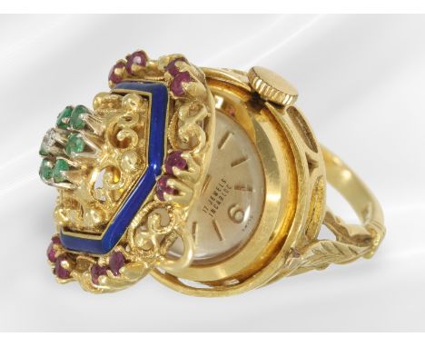 Ringuhr: vintage Gold/Emaille Ringuhr mit Edelsteinbesatz, Schweiz um 1950: Ca. Ø18mm, RG 56, ca. 16,5g, Handarbeit aus 18K G