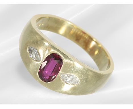 Ring: massiver vintage Bandring mit Rubin- sowie Diamantbesatz, 14K Gelbgold: Ca. Ø19,5mm, RG62, ca. 9,4g, 14K Gelbgold, im V