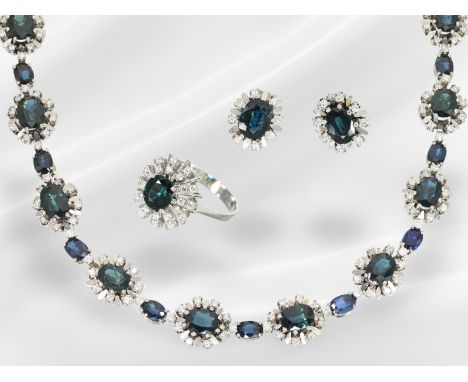 Hochwertiges vintage Saphir/Brillant Schmuck-Set aus 14K Weißgold, ca. 24ct: Bestehend aus 3 Positionen: 1. Collier ca. 38cm 