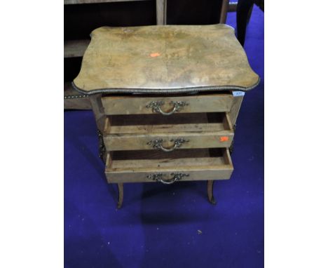 An early 20th Century continental style walnut three drawer side table, with ormolu effect detailing, width approx. 52cm