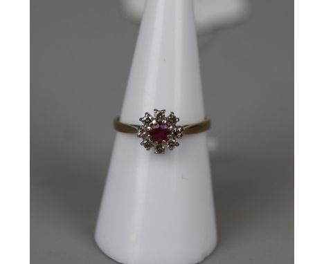 9ct gold ruby &amp; diamond cluster ring - Size M 