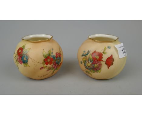 Pair of Royal Worcester (Grainger) globular posy vases in blush ivory with hand painted floral sprays. Full marks and shape N