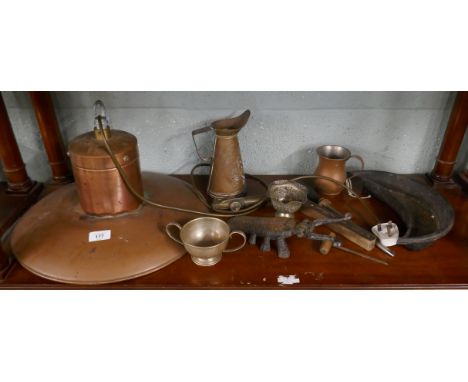 Collection of copper and brass to include light fitting