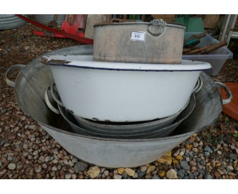 Collection of large galvanised buckets together with enamel example 