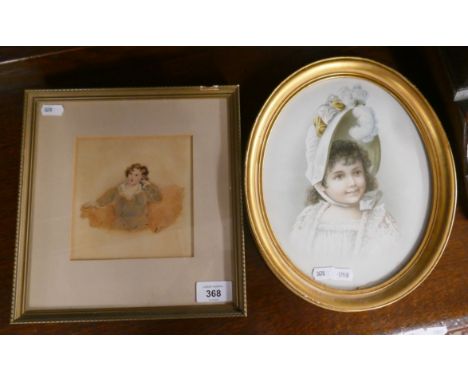 Watercolour of a boy together with an oval print of a girl 