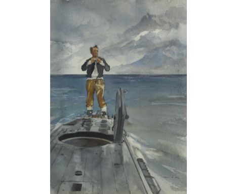 John Mills in a scene from "Above us the waves", being a submariner standing on the deck of a midget submarine, signed, water