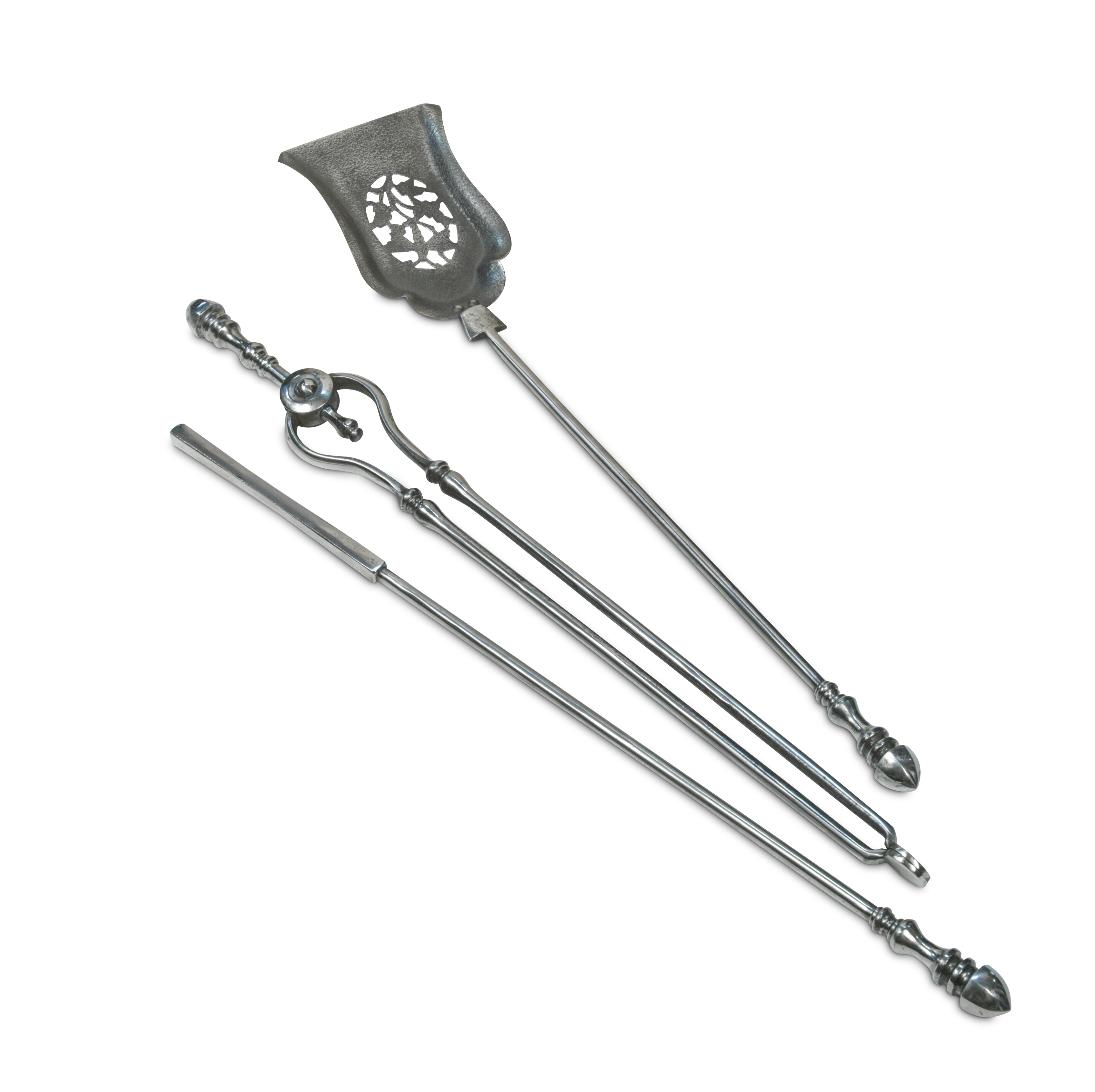 A set of polished steel fire irons in Cheffins Fine Art