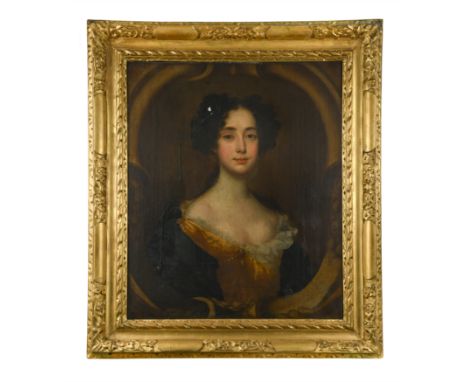 Portrait of a Lady, head and shoulders, her dark hair in ringlets, wearing a gold dress, lace fichu with pearls and a green c