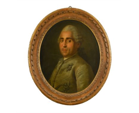 Portrait of a gentleman, half length, in a frogged grey velvet jacket and white lace cravat bears signature "Chardin" centre 