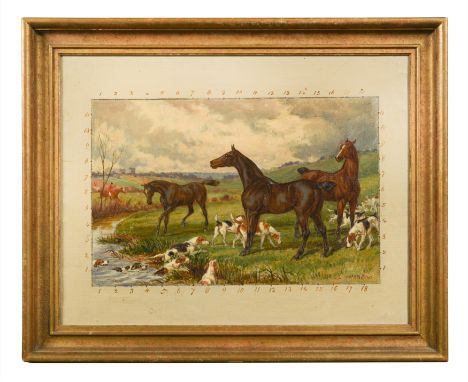 A Hunting scene with hounds crossing a brook into a field with hunters signed lower right 'W H Hopkins' with artist's annotat