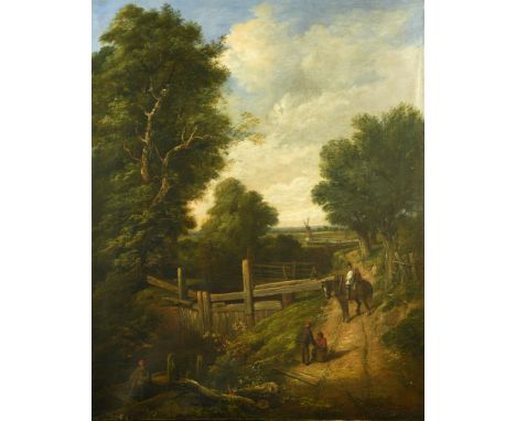 The Lock Gate with figures to the foreground, the lock keeper and travellers with a heavy horse oil on canvas, unframed 144 x