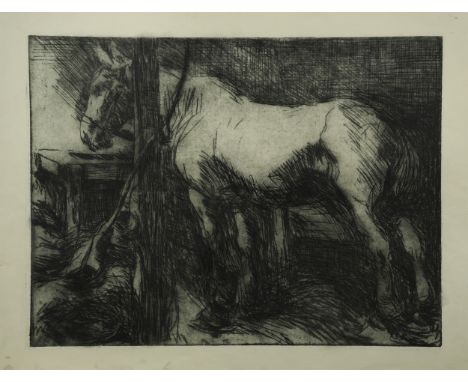 A grey horse in a stable lithograph, unframed 38cm x 52cmCondition report: Unframed and with a small tear to the white edging
