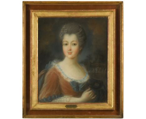 Portrait of a woman, bust length, with flowers in her hair and holding a carnival mask pastel 60.5 x 49cmFootnote: Provenance