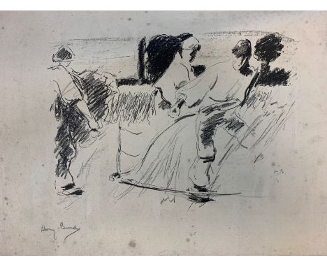 Men scything, signed "Harry Becker" lower left lithograph, unframed, 29 x 46cmCondition report: Unframed and with scuffed edg