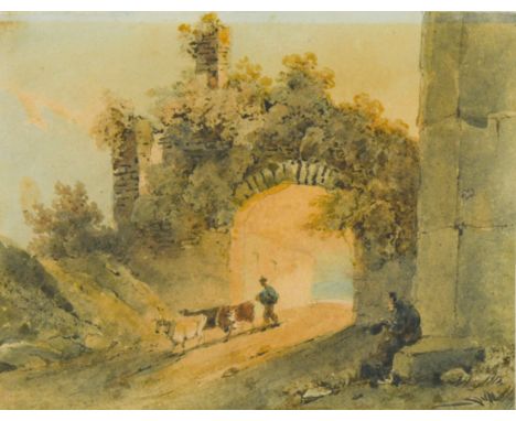 Landscape with a herdsman driving cattle through a ruined arch watercolour 12.5 x 16cmFootnote: Provenance: The Rev Canon W R