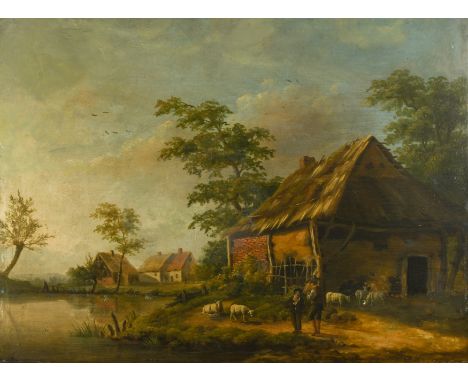 Figures and sheep outside a barn near water oil on panel 44 x 58.5cmCondition report: Oil on panel. The panel is formed from 