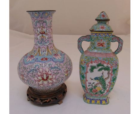 Two Chinese enamel and white metal vases, one with pull off cover, to include one pierced carved wooden stand, tallest 23cm (