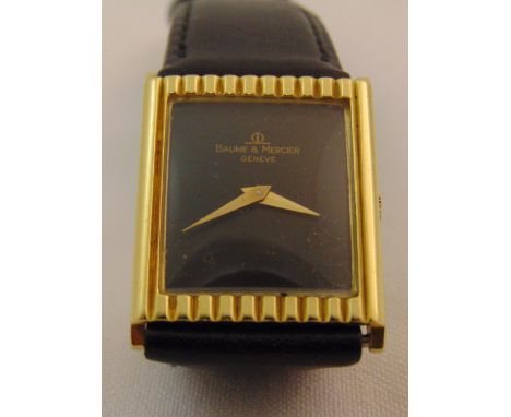 Baume and Mercier Geneve 18ct yellow gold gentlemans wristwatch, black enamel dial on replacement leather strap