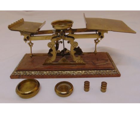 A brass letter scale, weights and a Victorian style thermometer