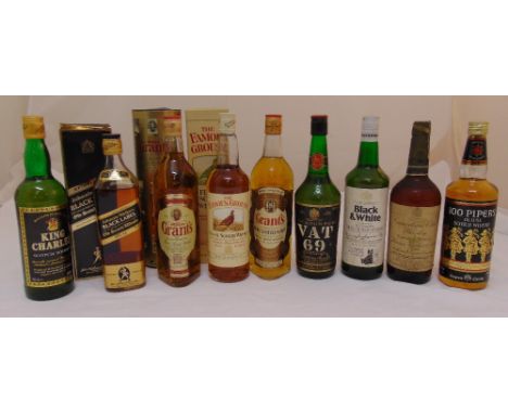Nine bottles of blended scotch whisky to include Johnnie Walker Black label, 100 Pipers, Grants, VAT 69, Famous Grouse and Ca